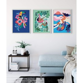 Kate and Laurel Sylvie Mid Century Modern Girl Friends Framed Canvas Wall Art by Rachel Lee of My Dream Wall, 18x24 White, Feminine Tropical Art for Wall