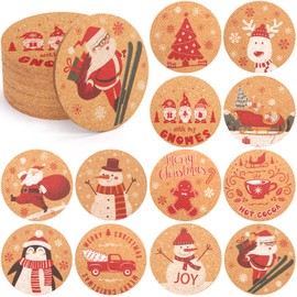 DomeStar 12PCS Christmas Coasters Set, Christmas Cork Coasters 4Inch Cork Cup Mat Wooden Coasters for Xmas Party Home Kitchen Table