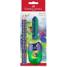 FABER-CASTELL 111519 Dino Writing Set with Pencils HB, Sharpener and Eraser, School Set for Children