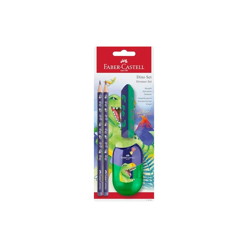FABER-CASTELL 111519 Dino Writing Set with Pencils HB, Sharpener and