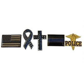 5-Piece Thin Blue Line Variety Distressed Ribbon, Cross, and Rectangle Lapel Pin or Hat Pin and Tie Tack Set with Clutch Back by Novel Merk