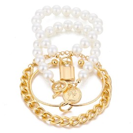 DATOA 4 Pcs Set Chunky Stackable Stretch Bracelet Set Inmitation Pearl Beaded Ball Adjustable Multilayered Elastic Bangles Wedding Jewelry for Women - Style B