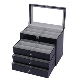 Kathring 4 Tier 24 Slot Eyeglasses Sunglasses Organizer with Locking Closure and Velvet Eyewear Display Case, 3 Removable Drawers for Eyeglasses/Necklace/Watch Storage