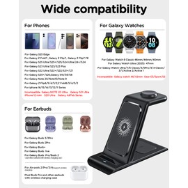 3 in 1 Wireless Charging Station for Samsung Wireless Charger for Galaxy Watch 8/7/6/5/Pro, Galaxy S25/Edge/Ultra/S25+/S24/S23/Note 20/10/Z Flip 7/6 Fold 7/6 Galaxy Buds 3/2/Pro/Live Multiple Devices
