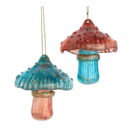 The Bridge Collection Set of 2 Beautiful Woodland Mushroom Ornaments - 3.6" Teal and Rose Colored Toadstool Mushrooms - Nature Holiday Décor