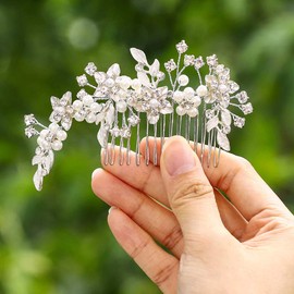 IYOU Bridal Wedding Hair Comb Silver Flower Crystal Hair Pieces Rhinestone Bridal Headpieces Pearl Bride Hair Accessories for Women and Girls