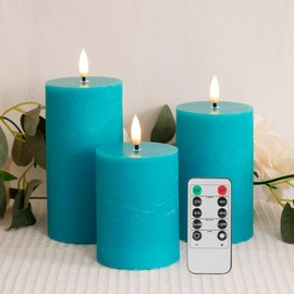 AFINETH Teal Flameless Candles, Real Wax Battery Operated Candles with Remote, Flat Top Flickering LED Pillar Candles for Home Party Wedding Holiday Decor, Set of 3 (H 4" 5" 6" x D3)