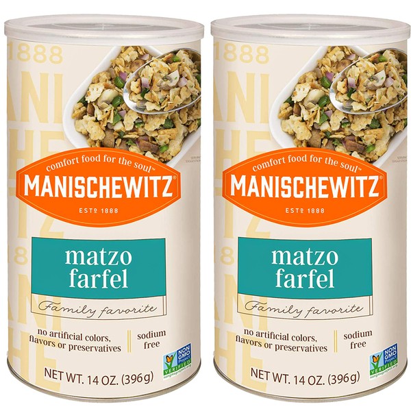 Manischewitz Matzo Farfel, 14oz (2 Pack) Resealable Canister, Sodium Free, No Artificial Colors or Flavors, Non GMO, Kosher For Passover & Year Round