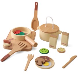 Kitchen Set for Kids, Wooden Play Kitchen Accessories, Toddler Pretend Baking Cooking Playset, Cookware Utensils Learning Toys with Play Pots and Pans, Montessori Toy Gift Sets for Kids Girls Boys