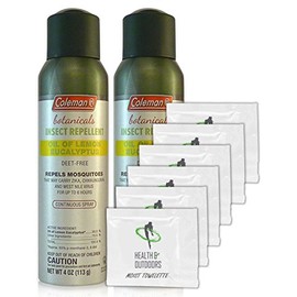 Coleman Botanicals Lemon Eucalyptus Insect Repellent DEET Free - 4oz. Continuous Spray - Pack of 2 - w/ (6) Healthandoutdoor Hand Wipes