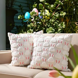 Bensbl Easter & Mother’s Day Throw Pillow Covers, 18×18 Inch Set of 2 – Pink Bunny Ears Soft Plush Faux Fur Decorative Pillow Cases for Sofa & Couch Spring Gift