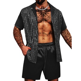 ZSJR Mens Mesh Sequins See Through 70s Disco Shiny Metallic Shirts Sets 2 Piece Outfits Party Costume