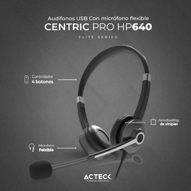 ACTECK Audifonos para Negocios Centric Pro HN640 / On Ear para Call Center USB A + Mic + Control de Volumen/Silencio Negro Elite Series