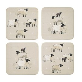 Cooksmart Pack of 4 Drink Coasters | British Designed Eco Cork Drinks Coasters For Modern Homes | Coasters For Drinks For All Types of Cups & Mugs - Highland Sheep