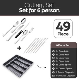 Silverware Set with Organizer and Chopsticks- 49 Pieces, Premium Stainless Steel Flatware Set, Heavy Duty Cutlery Set for 6, Dishwasher Safe Premium Kitchen Utensils, BANZOO Serving Utensils
