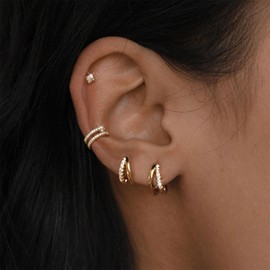BERISO 4 Pairs Earrings Sets for Women Girls, Dainty 14K Gold Plated CZ Cartilage Earring Huggie Hoop Earring Set Multiple Piercing Ear Jacket Stud Earrings Jewelry Gifts for Her