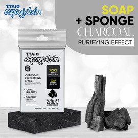 T.Taio Esponjabon Charcoal Soap Sponge - Cleansing Shower Scrubber - Cleaning Bath Wash Scrub - Oil Removal - Massage & Lather Foot, Elbow, & Face - Bathroom Accessories - Charcoal (2-Pack)