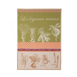 Coucke French Cotton Jacquard and Honeycomb Weave Towel, Legumes Racines (Root Vegetables), 20 by 30 Inches, Green