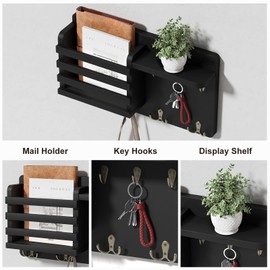 Nekon Mail Holder for Wall Mail Organizer with Key Hooks Hallway Farmhouse Decor Letter Sorter Made of Natural Wood with Floating Shelf and Flush Mount Hardware (16.8Inch x 10Inch x 3.2Inch)