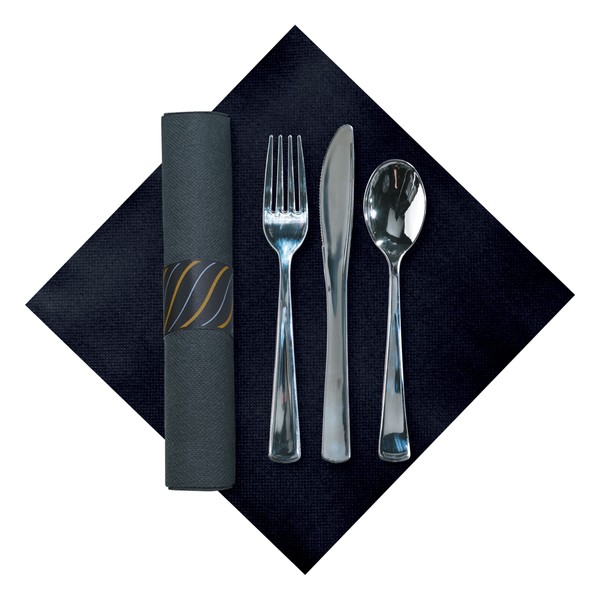 Hoffmaster 119987 FashnPoint CaterWrap Pre-rolled Dinner Napkin and Heavyweight Cutlery, Gold/Silver Stripe, Black/Metallic (Case of 100)