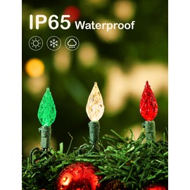 BOHON Red White and Green Christmas Lights Outdoor, Faceted C6 50ft 100 LED String Lights Plug in, Extendable Green Wire Christmas String Lights for Indoor Patio Xmas Tree Decoration UL Certified