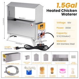 PAUQRWIE 1.5 Gallon Heated Chicken Waterer Automatic Chicken Water Heater for Winter, Freeze Proof Poultry Drinker Watering System