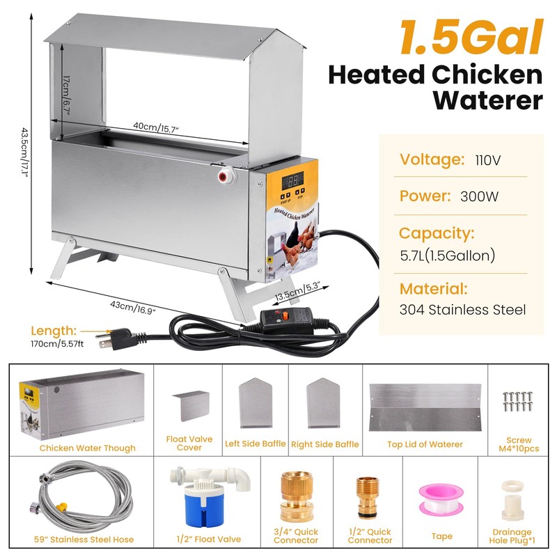 PAUQRWIE 1.5 Gallon Heated Chicken Waterer Automatic Chicken Water Heater