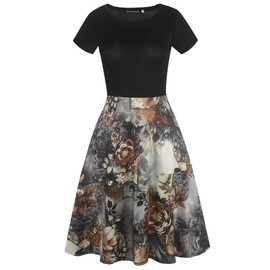 oxiuly Women's Vintage Round Neck Floral Casual Pockets Tunic Party Cocktail Cotton Blend A-Line Summer Dress OX262 (XL, BK-Coffee F)