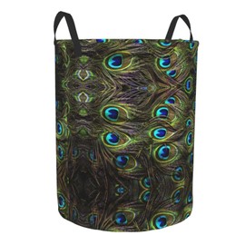 Fresh Peacock Print Circular Protable Storage Bin Organizer Round Basket For Laundry Hamper With Handles