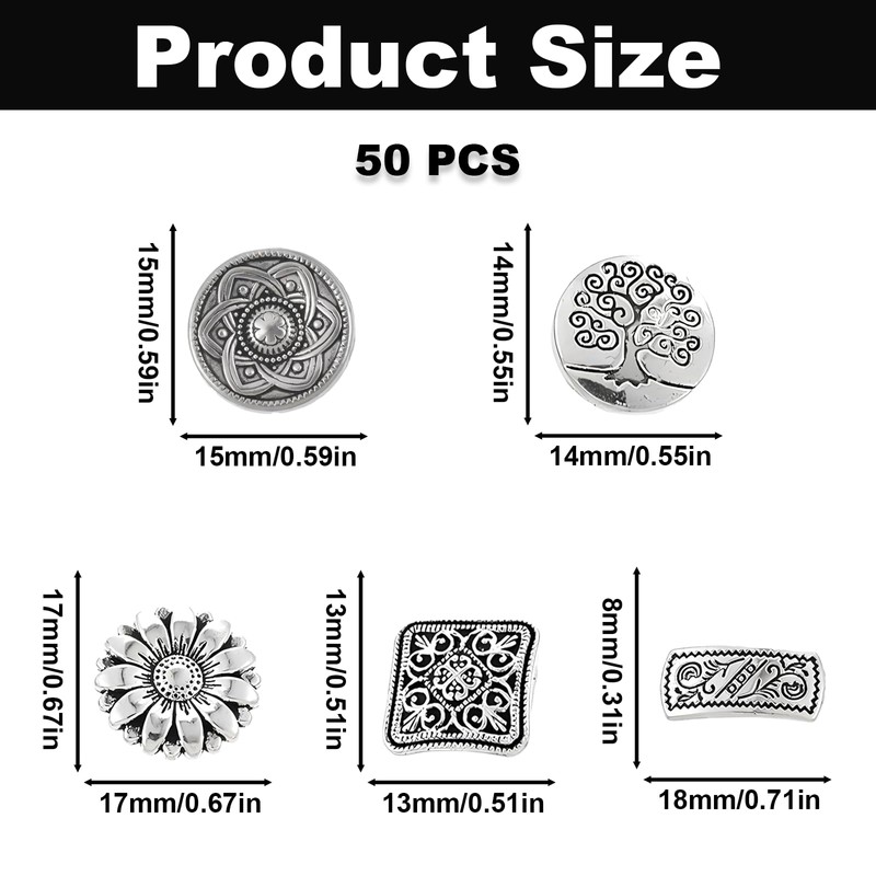 50PCS Engraved Flower Metal Buttons, 5 Styles Vintage Style Silver