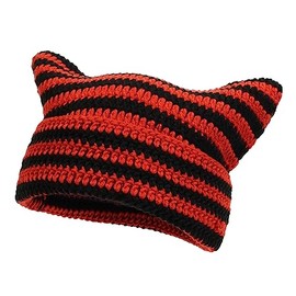 Crochet Hats Cat Ear Vintage Beanie Winter Warm Knitted Stripe Grunge Accessories Slouchy Cap Black and Red