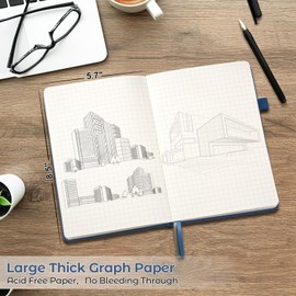 Graph Paper Notebook, Hardcover Notebook, Grid Notebook Journal for Women, Men, Large Leather Journals for Writing, Thick Paper, A5 Notebooks for Work, School Supplies, Engineering, 5.7"x8.5", Blue