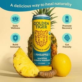 Golden Tiger Sparkling Turmeric Lemonade, Pineapple (12-pack) Sparkling Wellness Drink Infused with Bioactive Curcumin & Organic Superfoods + Antioxidants for Recovery, Immunity, and Gut Health, 4g Sugar, 20 Calories