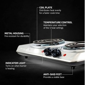 OVENTE Electric Countertop Double Burner, 1700W Cooktop with 6" and 5.75" Stainless Steel Coil Hot Plates, 5 Level Temperature Control, Indicator Lights and Easy to Clean Cooking Stove, Silver BGC102S