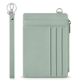 Credit Card Holder for Women, Slim RFID Wallet with Wristlet Keychain, Small Leather Wallet with Zipper Pocket and ID Window for Coins and Cards - Color: Light Green