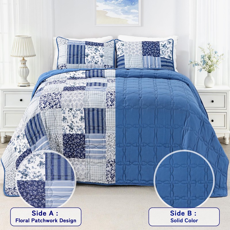 Full Queen Size Quilt Set Blue Floral Bedding Set 3-Piece
