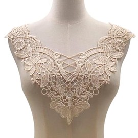 Lace Collar Applique, 3D Embroidery Lace Appliqué Flowers Lace Patch Lace Motif Applique Patches Insert Collar Lace Trim for Dress DIY Neckline Wedding Dress Clothing, Beige