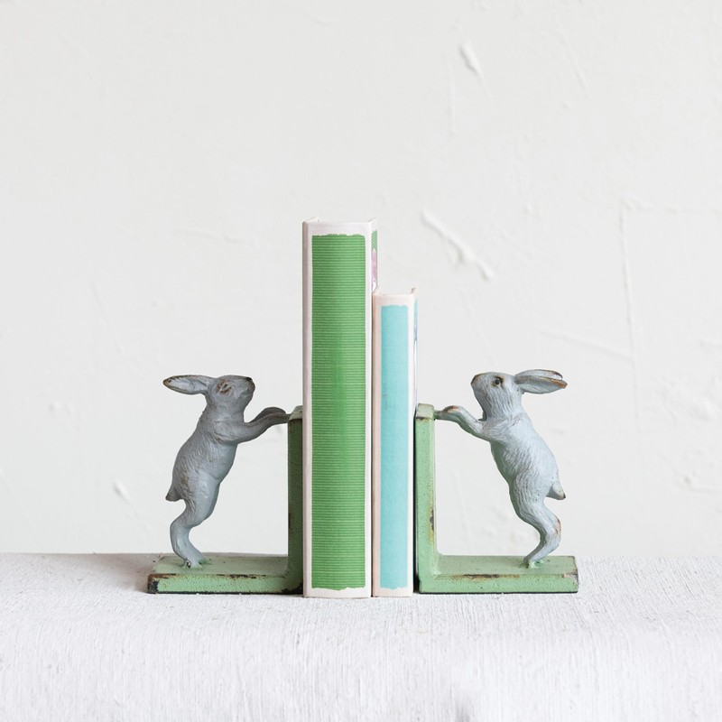 Creative Co-Op Decorative 2-Tone Cast Metal Rabbit Bookends, Green and