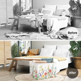 Clastyle 36L Wild Flower Plants Girls Storage Basket Spring Garden Daisy Rose Clothes Toy Nursery Bin Collapsible Rectangle Book Shelf Basket for Kids Room