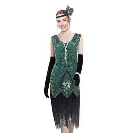 Women 1920s V-Neck Sequin Art Deco Flapper Dress with 20s Gatsby Accessories Set (M, Green)