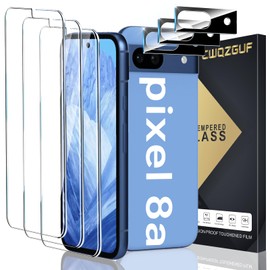 Screen Protector Compatible with Pixel 8a 5G, 3+3 Pack, Full Coverage, 9H Tempered Glass, HD Clear, Scratch Resistant, Bubble-Free, with Camera Lens Protectors