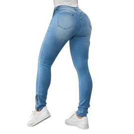 Flamingals Skinny Jeans for Women Stretch High Waisted Flap Pocket Butt Lifting Jeans Mid Blue L