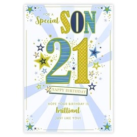 Son 21st Birthday Card - Age 21 - Special Son - Brilliant Birthday Stars Design - Special Finishes and Illustrated Insert Leaf - Made in the UK - Eco-Friendly