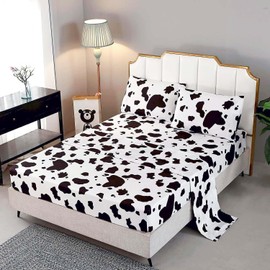 SDY 4Pcs Cow Print Bedding Sheet Set, Cow Sheets Set Full, Super Soft Microfiber, Wrinkle and Fade Resistant, for Kids Teens and Cow and Animal Lovers, Full Size