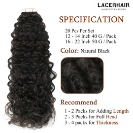 Lacer Curly Tape in Hair Extensions Real Human Hair Extensions 14 Inch Natural Black 1B Color, Tape in Hair Extensions Human Hair Black Women 3B 3C Jerry Curly Hair Extensions Tape in 20pcs 40G