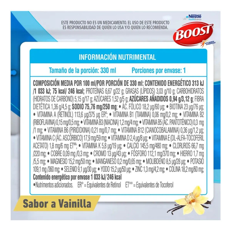 Pack X12 Suplemento Boost Menos Azúcar Vainilla 330ml