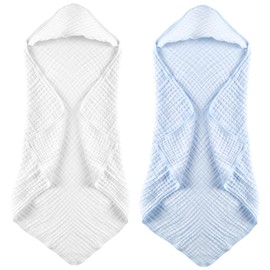 MUKIN Baby Hooded Towels, Muslin Cotton, 2-Pack, for Newborn, Infant, Toddler and Kids (White,Blue)