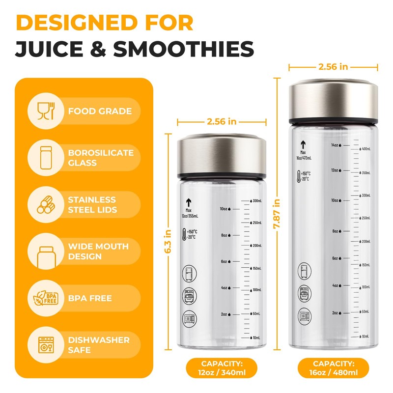 Sursip 16 oz Glass Juice Bottles – 4 Pack Wide