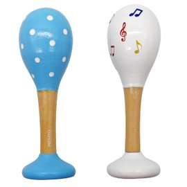 PREMYO Baby Rattle Maracas - Wooden Musical Instruments for Toddlers - Newborn Sensory Toys - Dots Notes Blue White