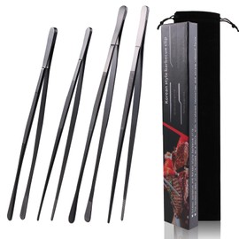 URHRHU 4 Stainless Steel Kitchen Tweezers 12" and 10" Professional Kitchen Tongs Stainless Steel with Precision Serrated Tips for Grilling and Baking (Black)